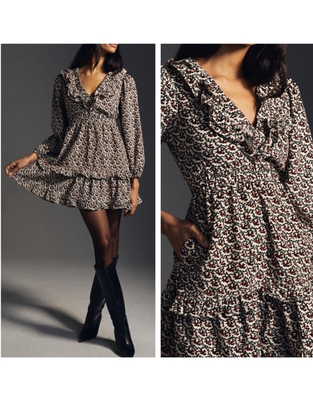 Anthro Pilcro Tiered Corduroy Dress in Cream Floral sz M